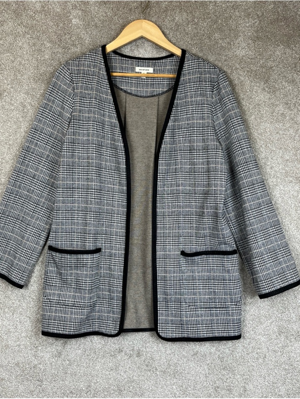 Max Studio Jacket Womens Small Black Plaid Pockets Stretch Pockets Blazer- 4662